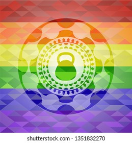 kettlebell icon inside emblem on mosaic background with the colors of the LGBT flag