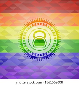 kettlebell icon inside emblem on mosaic background with the colors of the LGBT flag