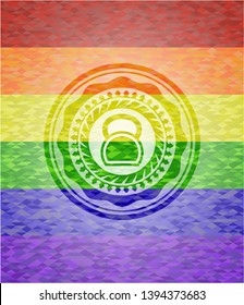 kettlebell icon inside emblem on mosaic background with the colors of the LGBT flag