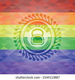 kettlebell icon inside emblem on mosaic background with the colors of the LGBT flag