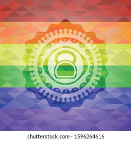 kettlebell icon inside emblem on mosaic background with the colors of the LGBT flag