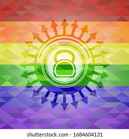 kettlebell icon inside emblem on mosaic background with the colors of the LGBT flag