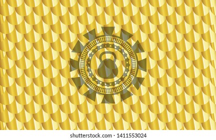 kettlebell icon inside gold emblem. Scales pattern. Vector Illustration. Detailed.
