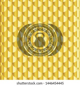 kettlebell icon inside gold emblem or badge. Scales pattern. Vector Illustration. Detailed.