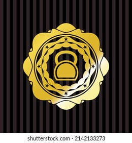 kettlebell icon inside gold shiny badge. 