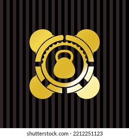 kettlebell icon inside gold shiny badge. 