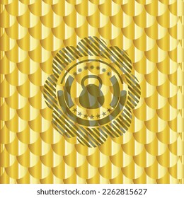 kettlebell icon inside golden badge. Scales pattern. Vector Illustration. Detailed. 