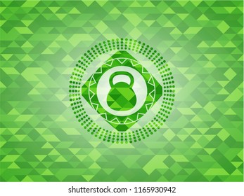 kettlebell icon inside green emblem with mosaic ecological style background
