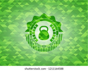 kettlebell icon inside green emblem. Mosaic background