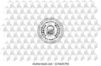 kettlebell icon inside grey badge with geometric cube white background