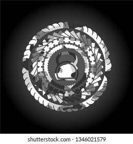 kettlebell icon inside grey camouflaged emblem