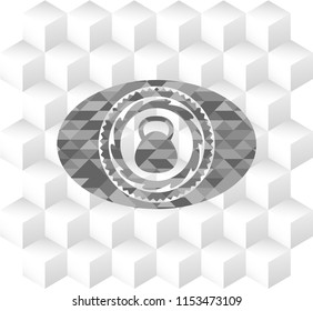 kettlebell icon inside grey emblem. Retro with geometric cube white background