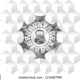kettlebell icon inside grey icon or emblem with geometric cube white background