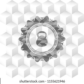 kettlebell icon inside grey icon or emblem with geometric cube white background