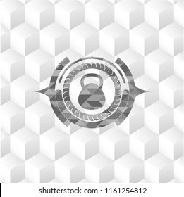 kettlebell icon inside grey emblem. Vintage with geometric cube white background