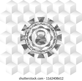 kettlebell icon inside grey emblem. Retro with geometric cube white background