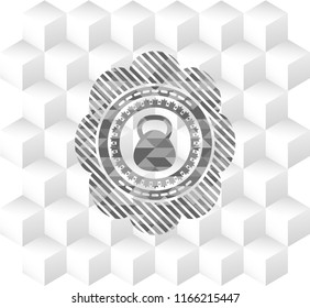 kettlebell icon inside grey emblem. Vintage with geometric cube white background