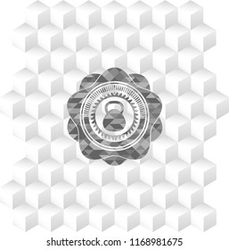 kettlebell icon inside grey emblem with cube white background