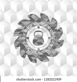 kettlebell icon inside grey emblem. Vintage with geometric cube white background