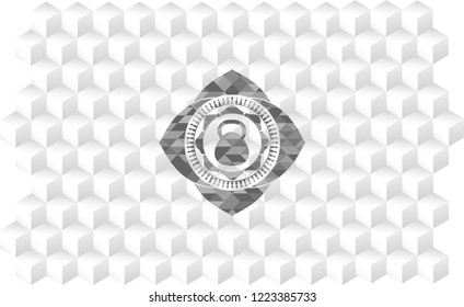 kettlebell icon inside grey emblem. Retro with geometric cube white background