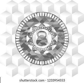 kettlebell icon inside grey emblem. Vintage with geometric cube white background