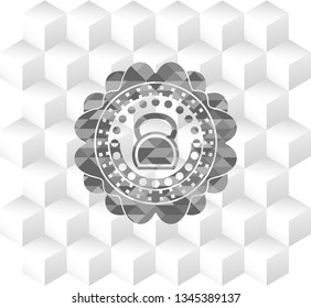 kettlebell icon inside grey emblem. Vintage with geometric cube white background