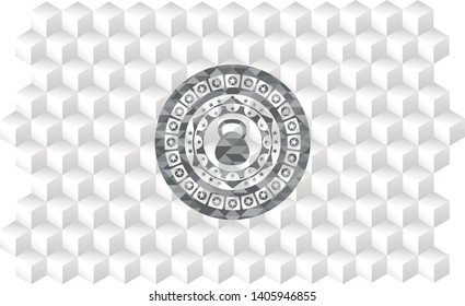 kettlebell icon inside grey emblem with cube white background
