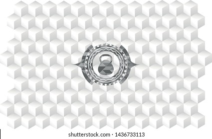 kettlebell icon inside grey emblem with cube white background