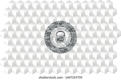 kettlebell icon inside grey emblem. Vintage with geometric cube white background