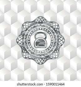 kettlebell icon inside grey emblem. Vintage with geometric cube white background