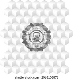 kettlebell icon inside grey emblem. Retro with geometric cube white background. 