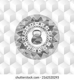 kettlebell icon inside grey emblem with geometric cube white background. 