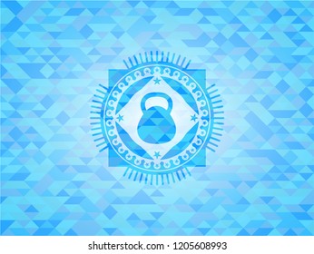 kettlebell icon inside light blue emblem with triangle mosaic background
