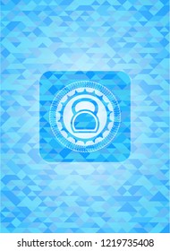 kettlebell icon inside light blue emblem with triangle mosaic background