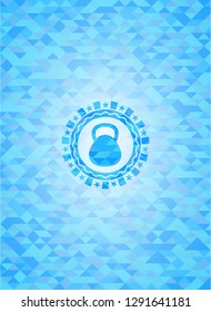 kettlebell icon inside light blue emblem with triangle mosaic background