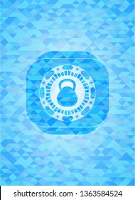 kettlebell icon inside light blue emblem. Mosaic background