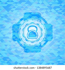 kettlebell icon inside light blue mosaic emblem