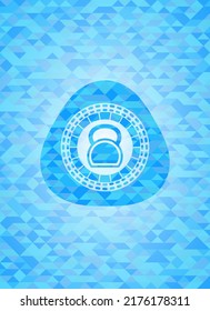 kettlebell icon inside light blue emblem with triangle mosaic background. 