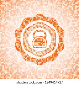kettlebell icon inside orange tile background illustration. Square geometric mosaic seamless pattern with emblem inside.