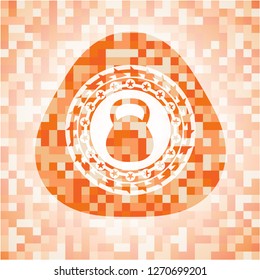 kettlebell icon inside orange tile background illustration. Square geometric mosaic seamless pattern with emblem inside.