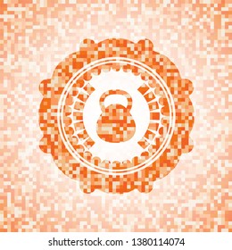 kettlebell icon inside orange tile background illustration. Square geometric mosaic seamless pattern with emblem inside.