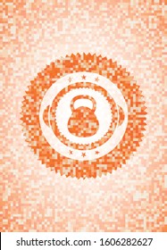 kettlebell icon inside orange tile background illustration. Square geometric mosaic seamless pattern with emblem inside.