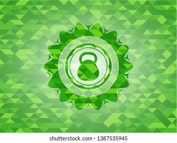 kettlebell icon inside realistic green emblem. Mosaic background