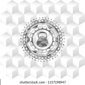 kettlebell icon inside realistic grey emblem with cube white background