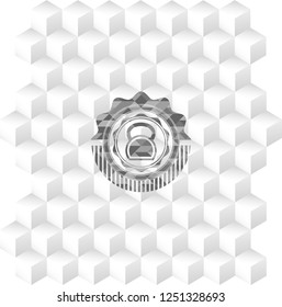 kettlebell icon inside realistic grey emblem with geometric cube white background