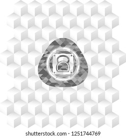 kettlebell icon inside realistic grey emblem with cube white background
