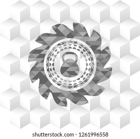 kettlebell icon inside realistic grey emblem with cube white background