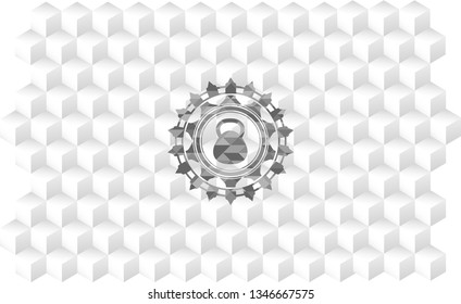 kettlebell icon inside realistic grey emblem with geometric cube white background