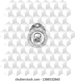 kettlebell icon inside realistic grey emblem with geometric cube white background