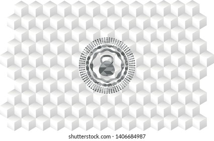 kettlebell icon inside realistic grey emblem with geometric cube white background